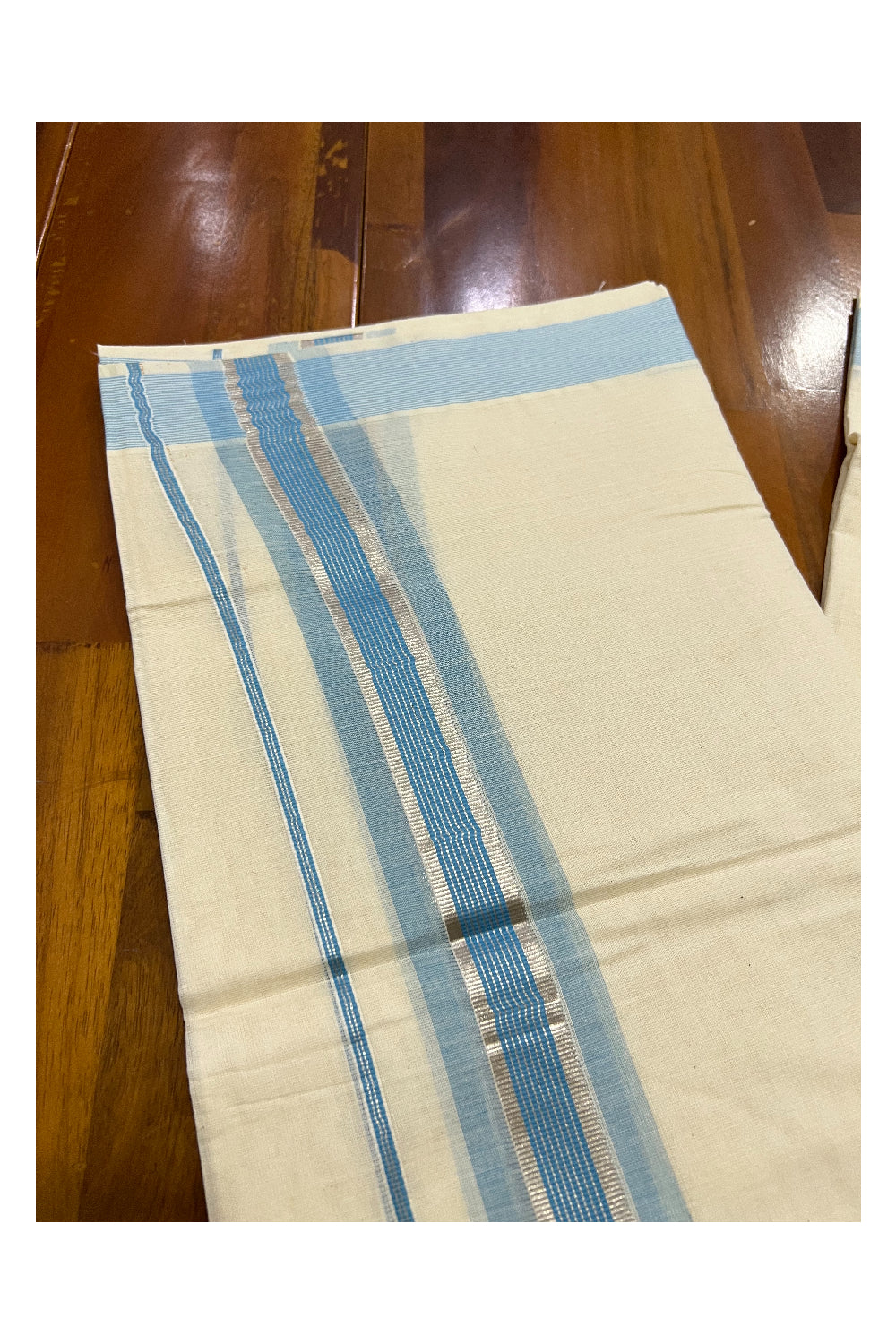 Off White Kerala Double Mundu with Silver Kasavu and Light Blue Line Border (South Indian Dhoti)