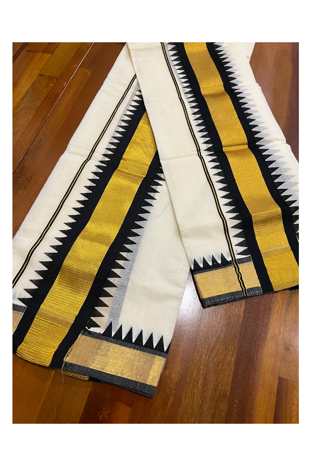 Cotton Kasavu Set Mundu (Mundum Neriyathum) with Black Temple Block Prints on Border