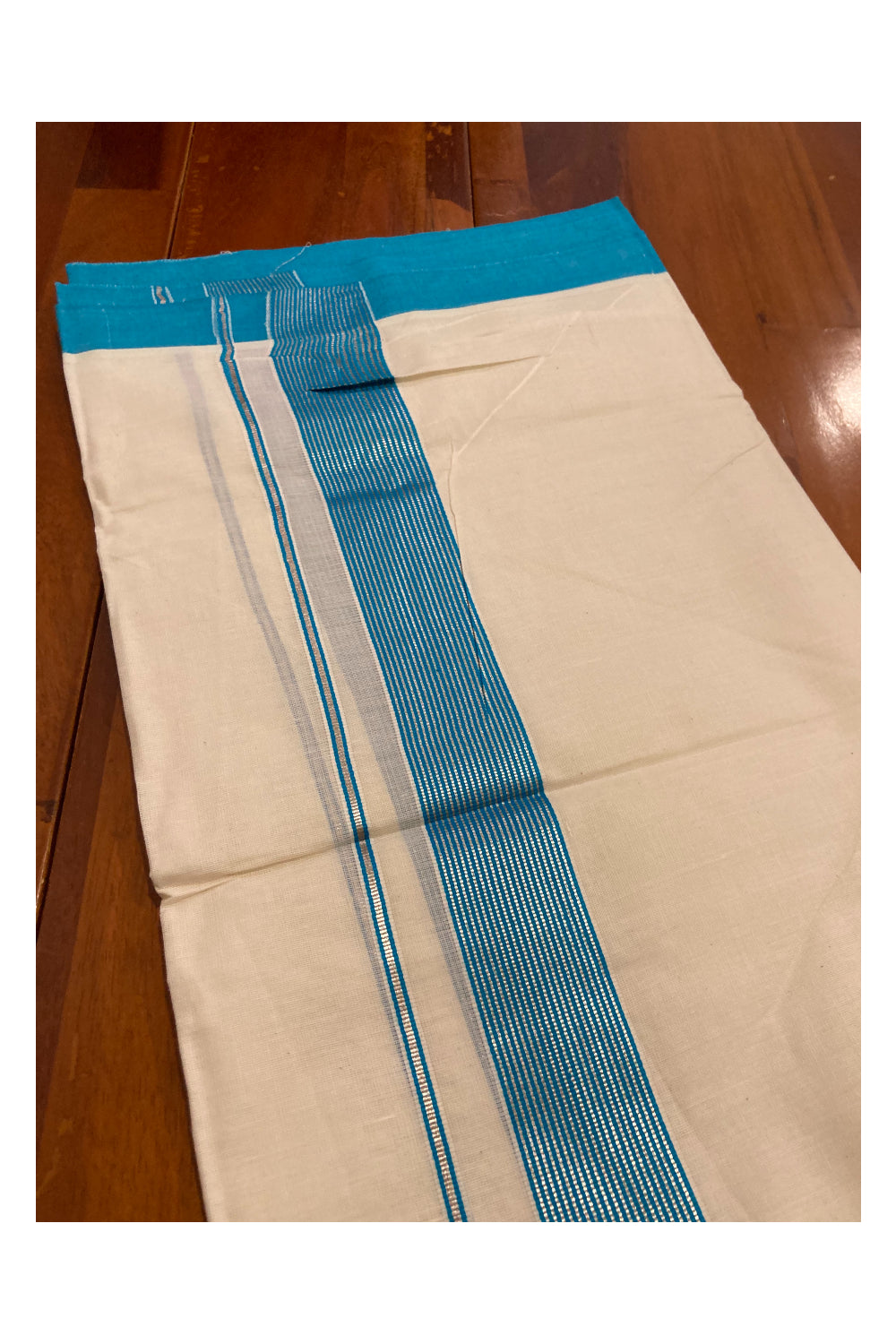 Off White Kerala Double Mundu with Silver Kasavu and Aqua Blue Line Border (South Indian Dhoti)