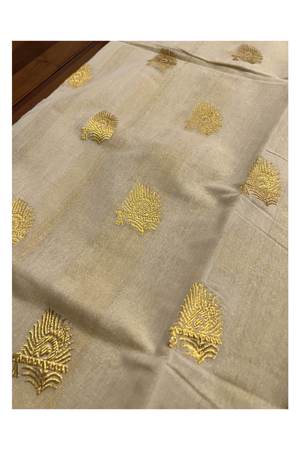 Southloom™ Handloom Tissue Kasavu Churidar Salwar Material with Peacock Feather Woven Work (include Plain Cotton Shawl / Dupatta)