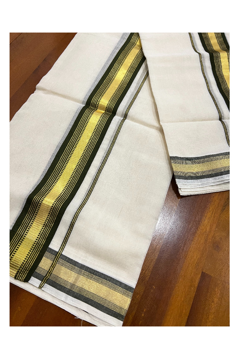 Southloom Premium Handloom Set Mundu with Kasavu and Greenish Black Border 2.70 Mtrs