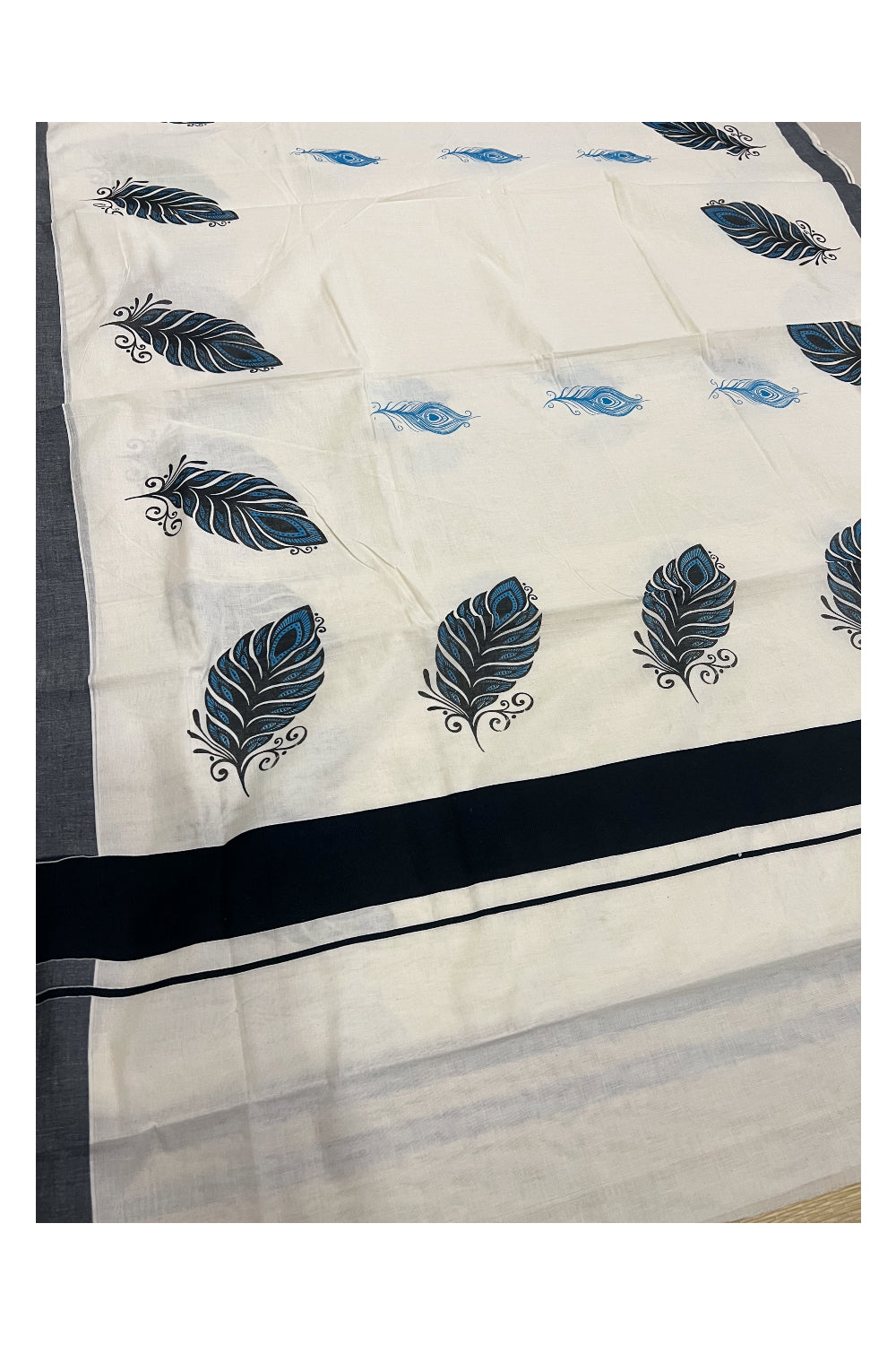 Pure Cotton Kerala Saree with Feather Block Printed Design and Black Border