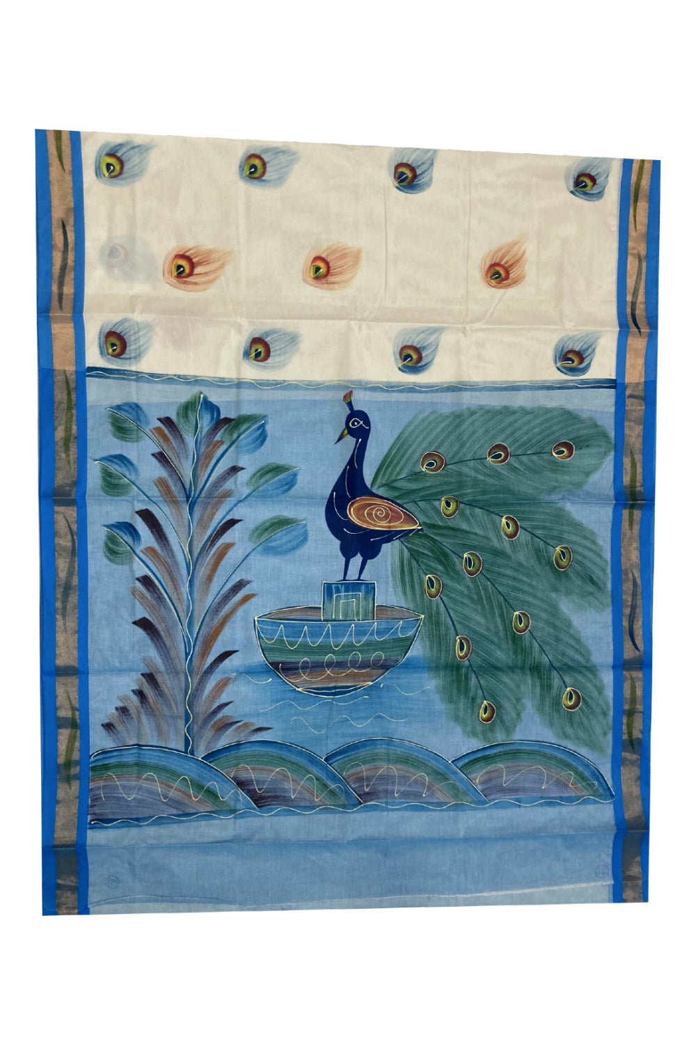 Southloom Blue Handpainted Mural Kerala Kasavu Saree Peacock Art