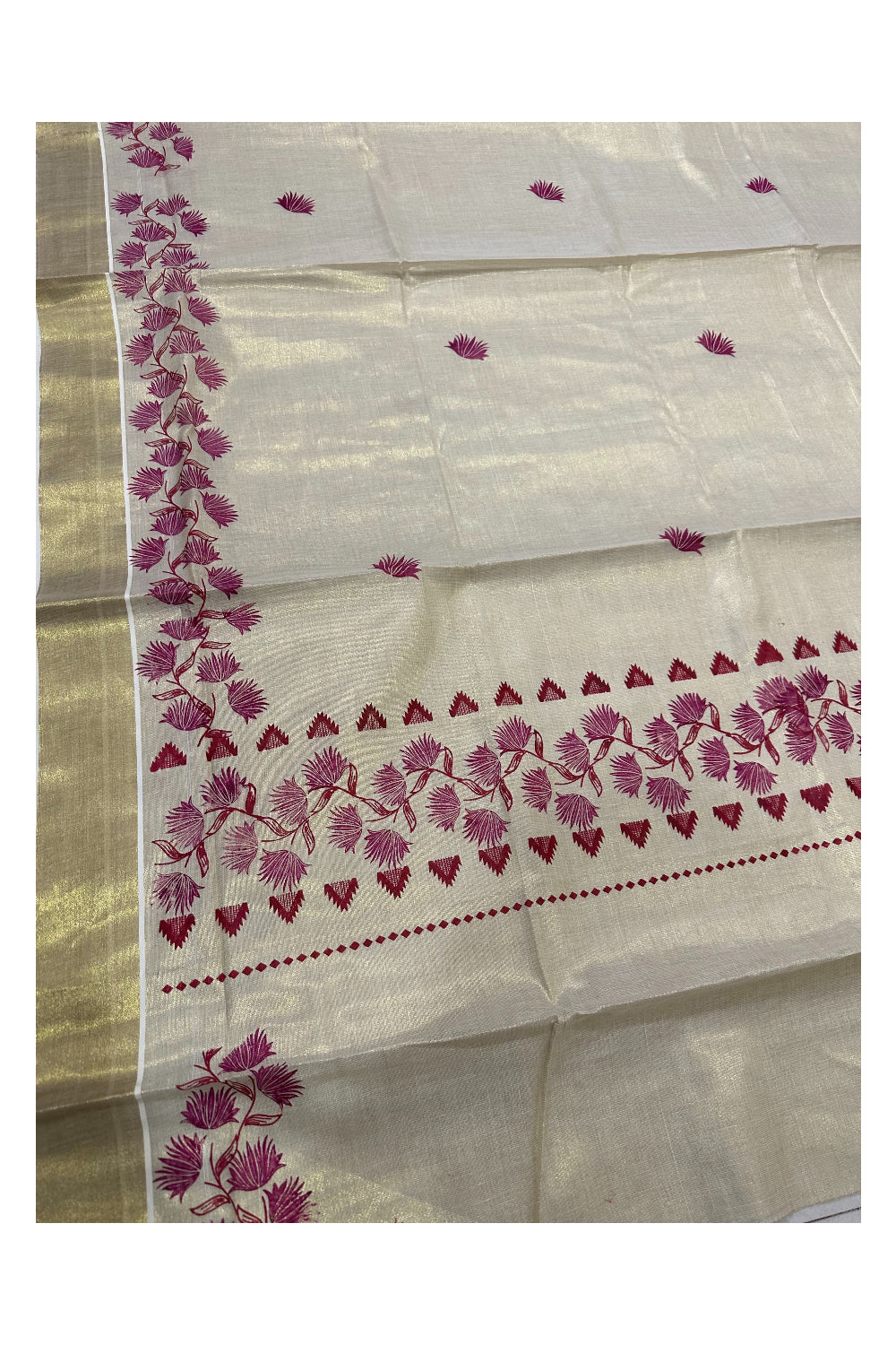 Kerala Tissue Kasavu Saree with Maroon Floral Block Printed Design Border