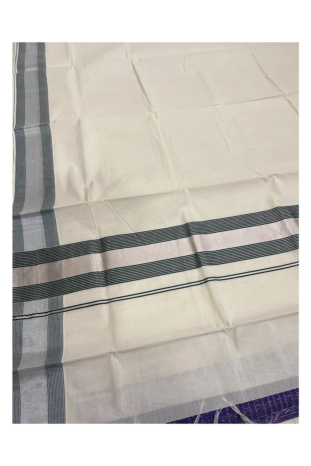 Pure Cotton Kerala Plain Saree with Silver Kasavu and Green Line Border