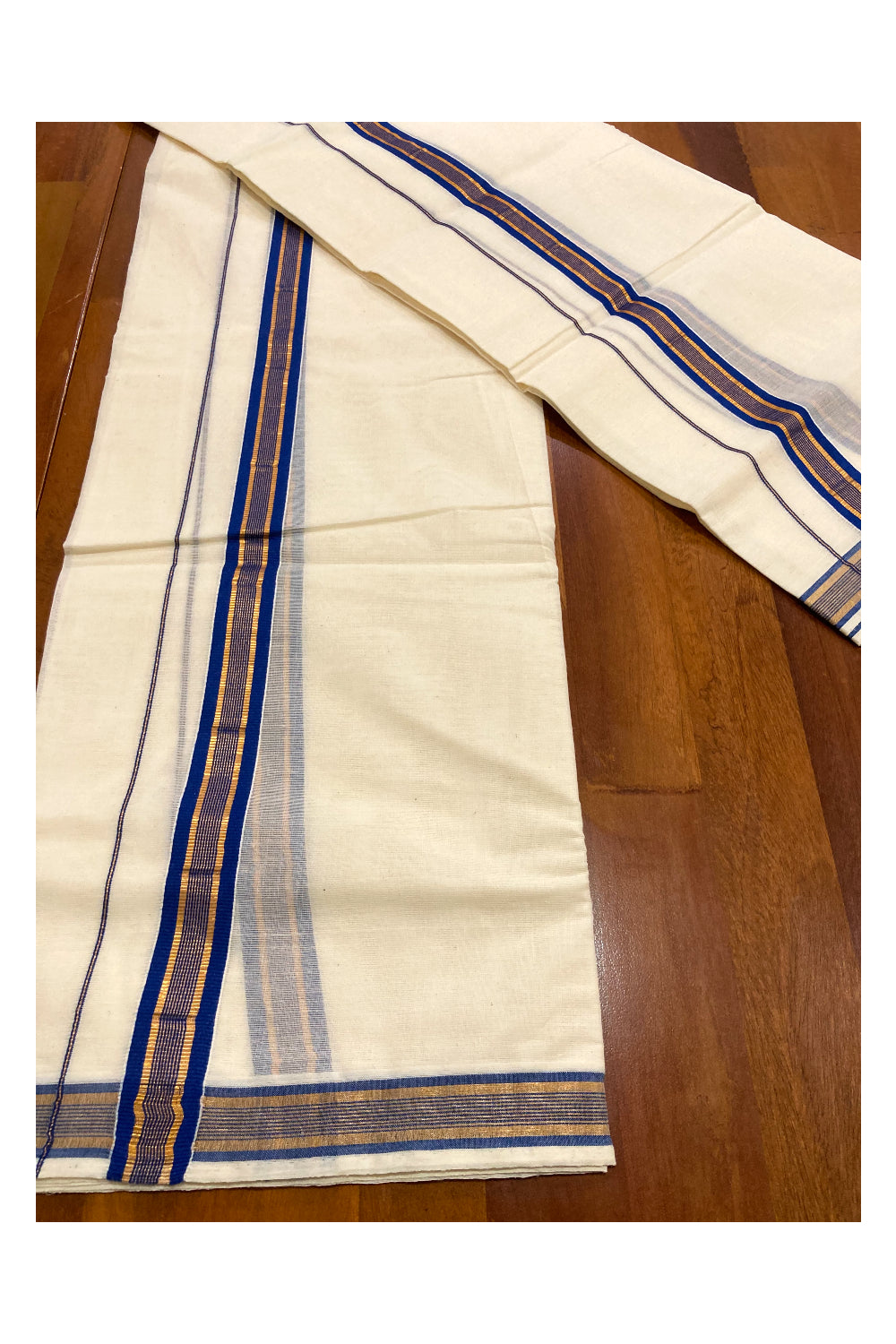 Mundum Neriyathum Double (Set Mundu) with Blue and Kasavu Border