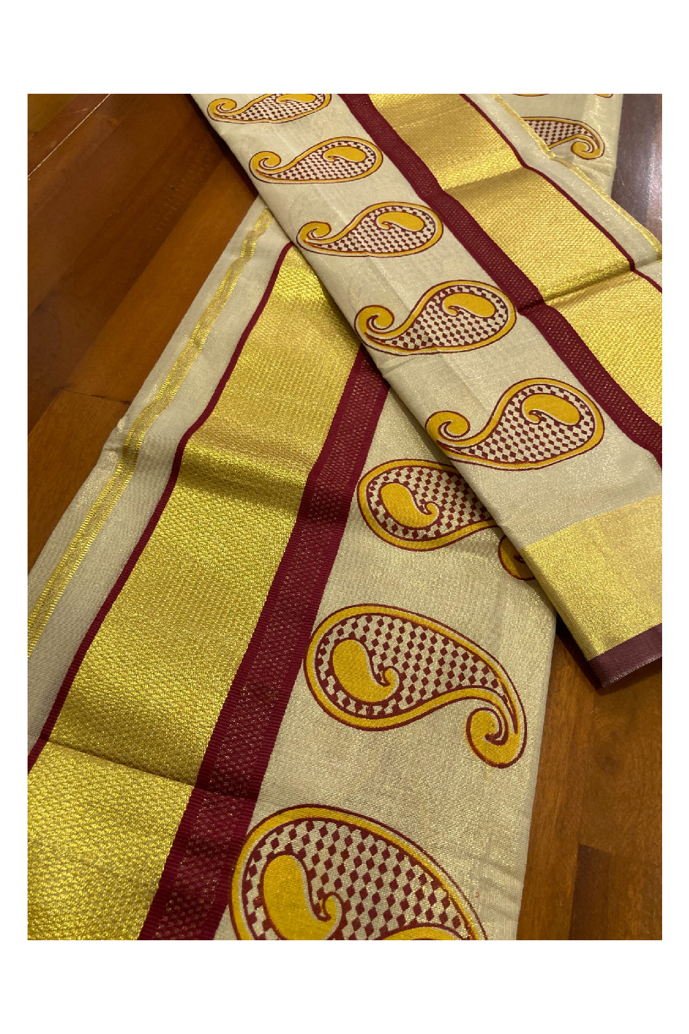 Tissue Set Mundu with Hand Block Printed Red and Yellow Peacock Design