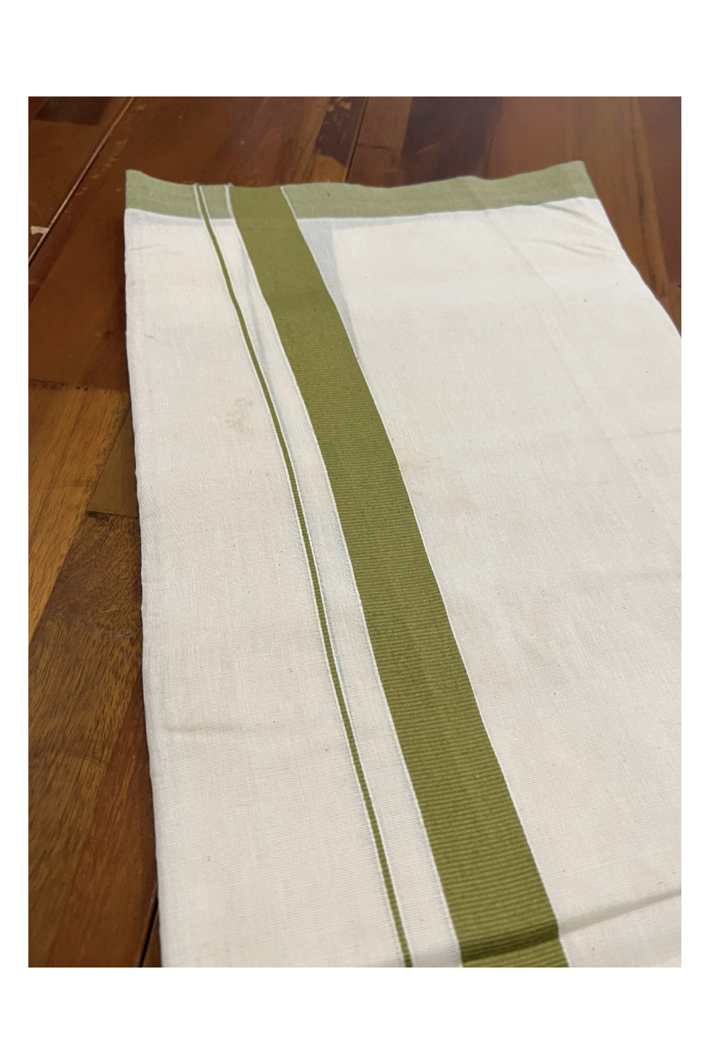 Off White Pure Cotton Double Mundu with Olive Green Kara (South Indian Dhoti)