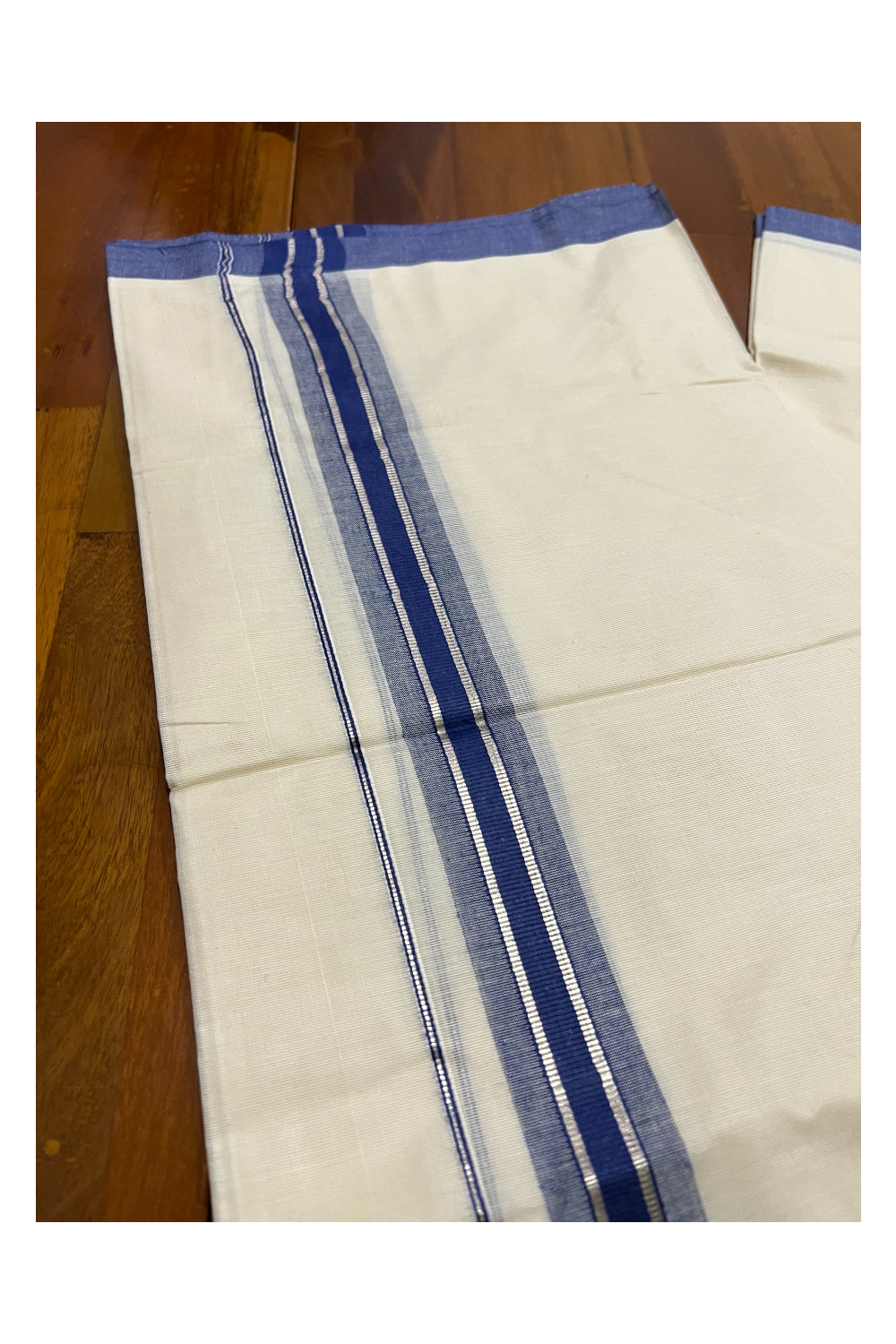 Pure Cotton Off White Double Mundu with Silver Kasavu and Dark Blue Border (South Indian Dhoti)