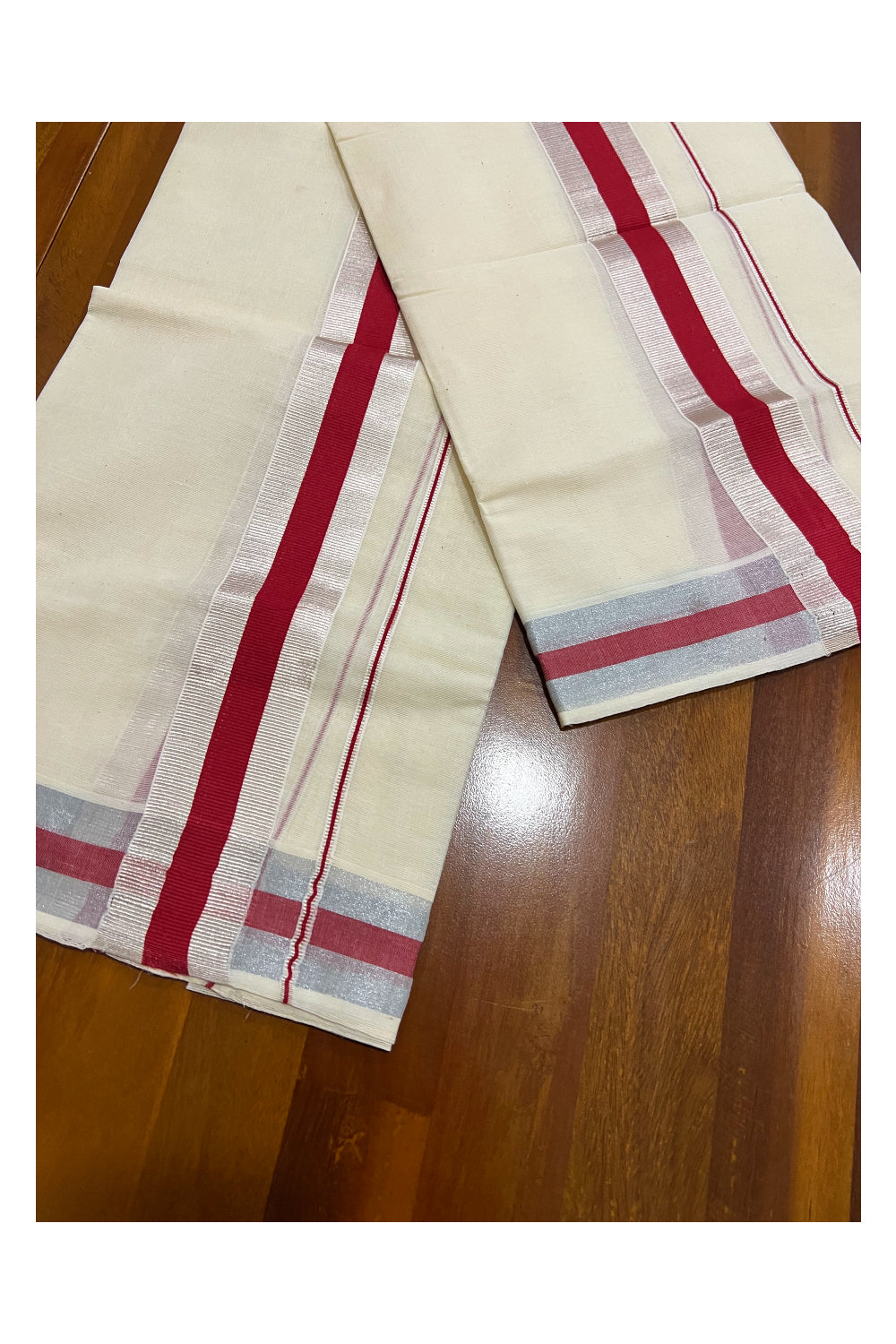 Kerala Cotton Mundum Neriyathum Single (Set Mundu) with Red and Silver Kasavu Border 2.80 Mtrs