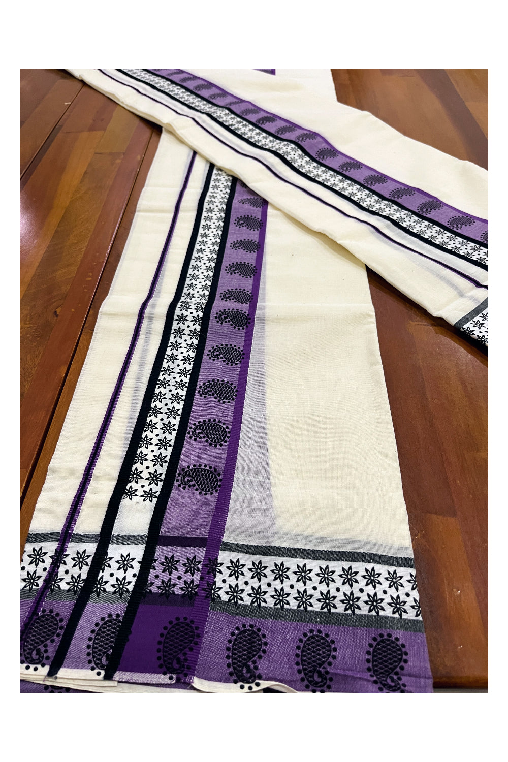 Kerala Cotton Single Set Mundu (Mundum Neriyathum) with Violet Black Block Prints on Border