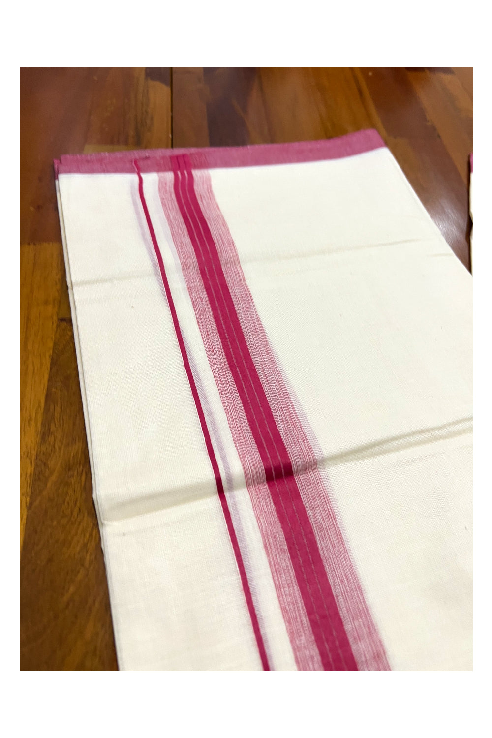 Pure Cotton Off White Double Mundu with Dark Pink Border (South Indian Dhoti)