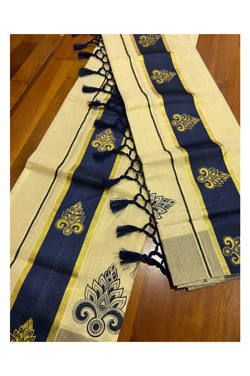 Kerala Tissue Kasavu Set Mundu (Mundum Neriyathum) with Golden and Navy Blue Block Prints and Tassels