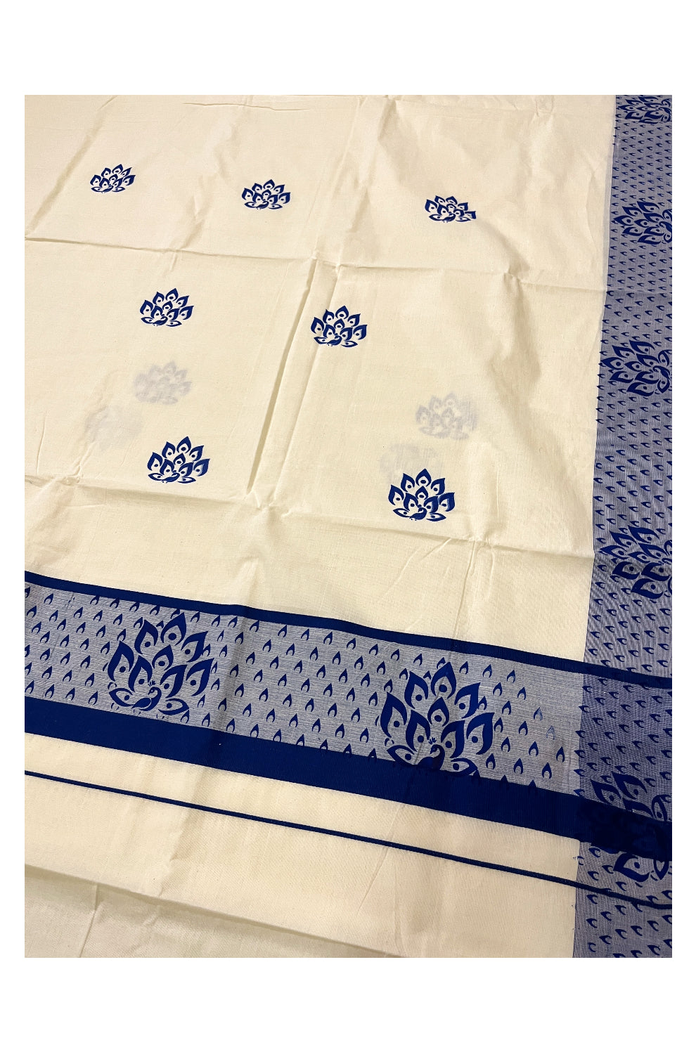 Pure Cotton Off White Kerala Saree with Blue Block Prints on Border