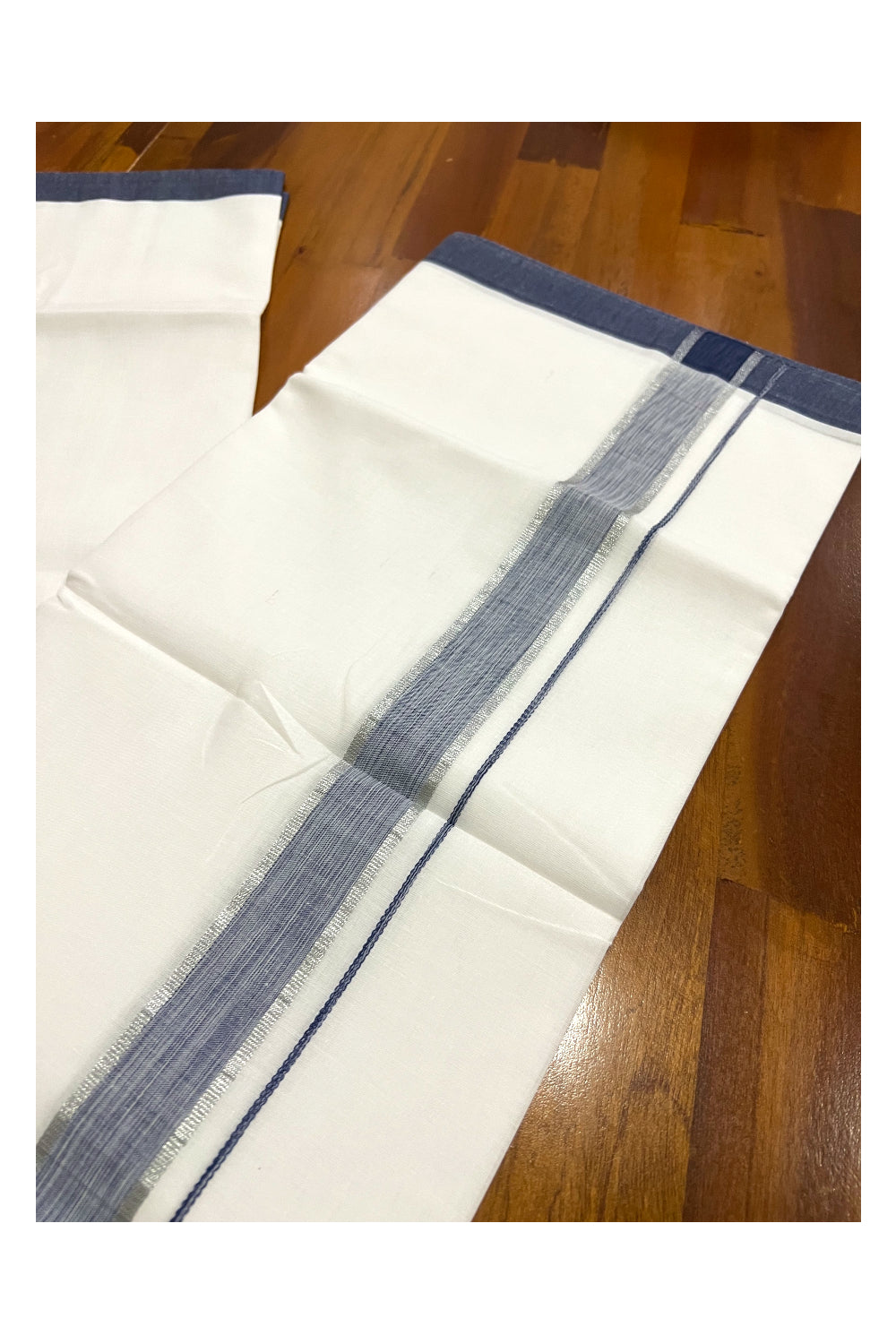 Pure White Cotton Double Mundu with Dark Blue and Silver Kasavu Border (South Indian Dhoti)