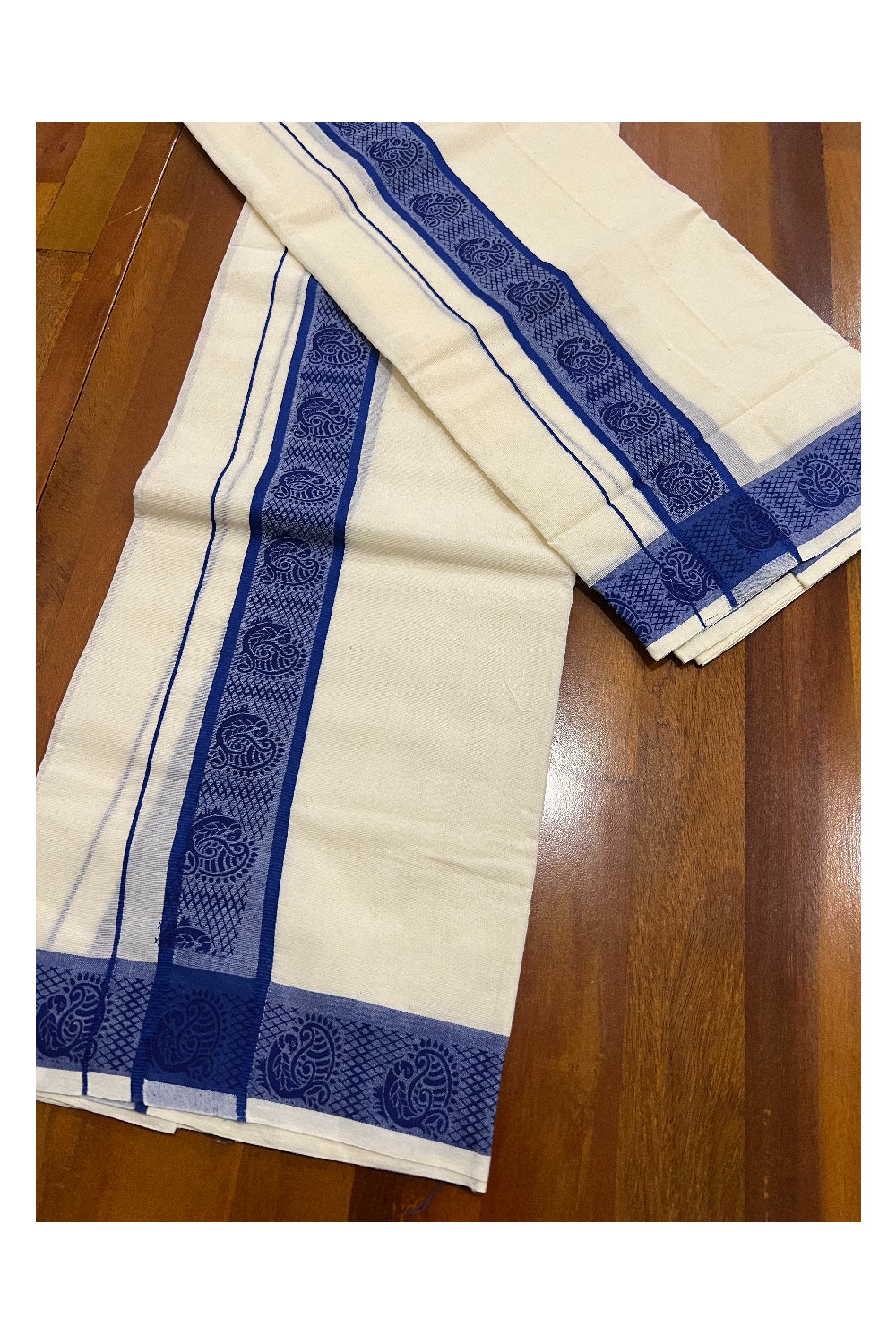 Kerala Cotton Set Mundu (Mundum Neriyathum) with Blue Peacock Block Printed Border