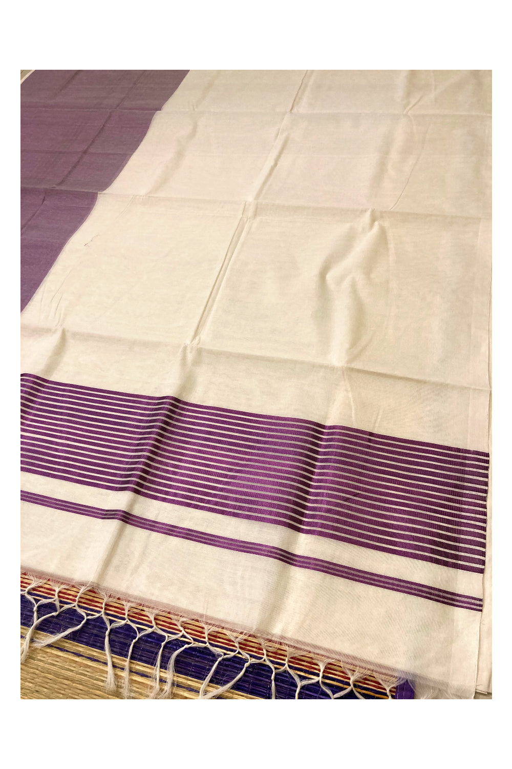 Southloom™ Premium Handloom Half & Half (Cotton / Tissue) Kerala Saree with Violet Kasavu Pallu