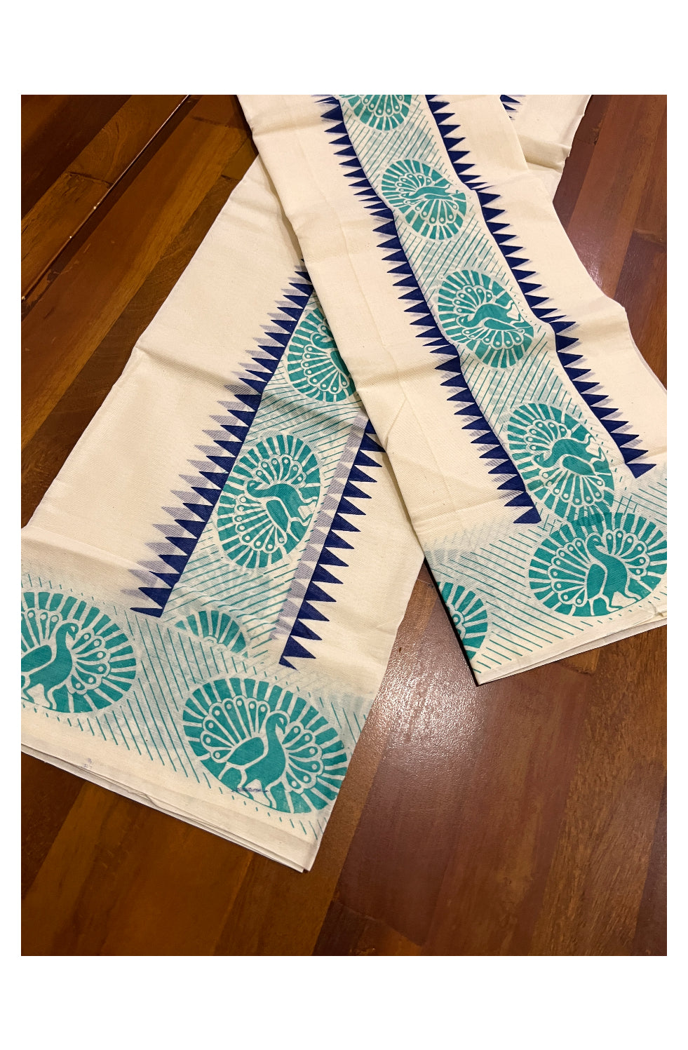 Kerala Cotton Set Mundu (Mundum Neriyathum) with Turquoise Peacock Block Prints and Blue Temple Border