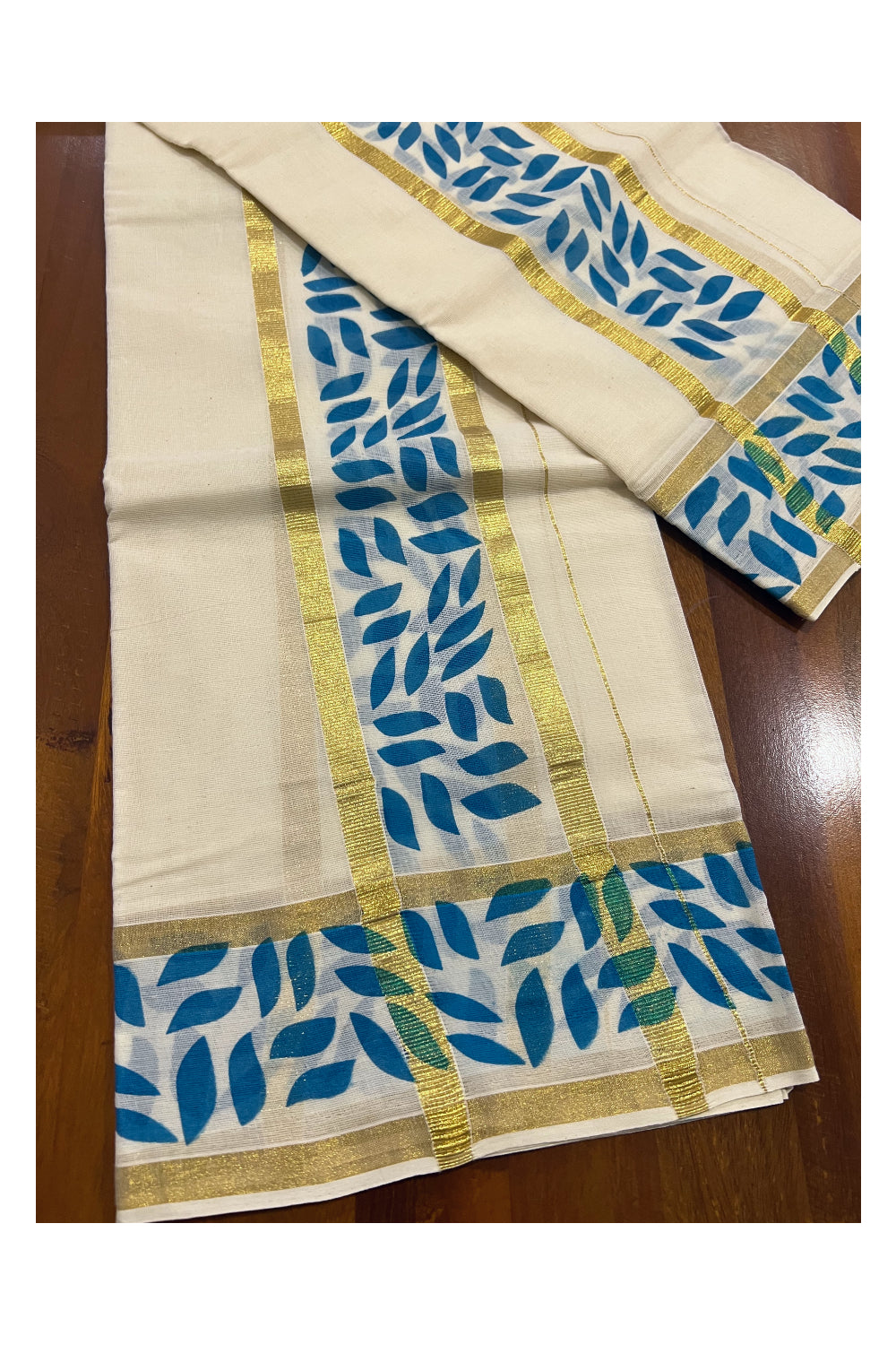 Kerala Cotton Kasavu Set Mundu (Mundum Neriyathum) with Light Blue Block Prints on Border