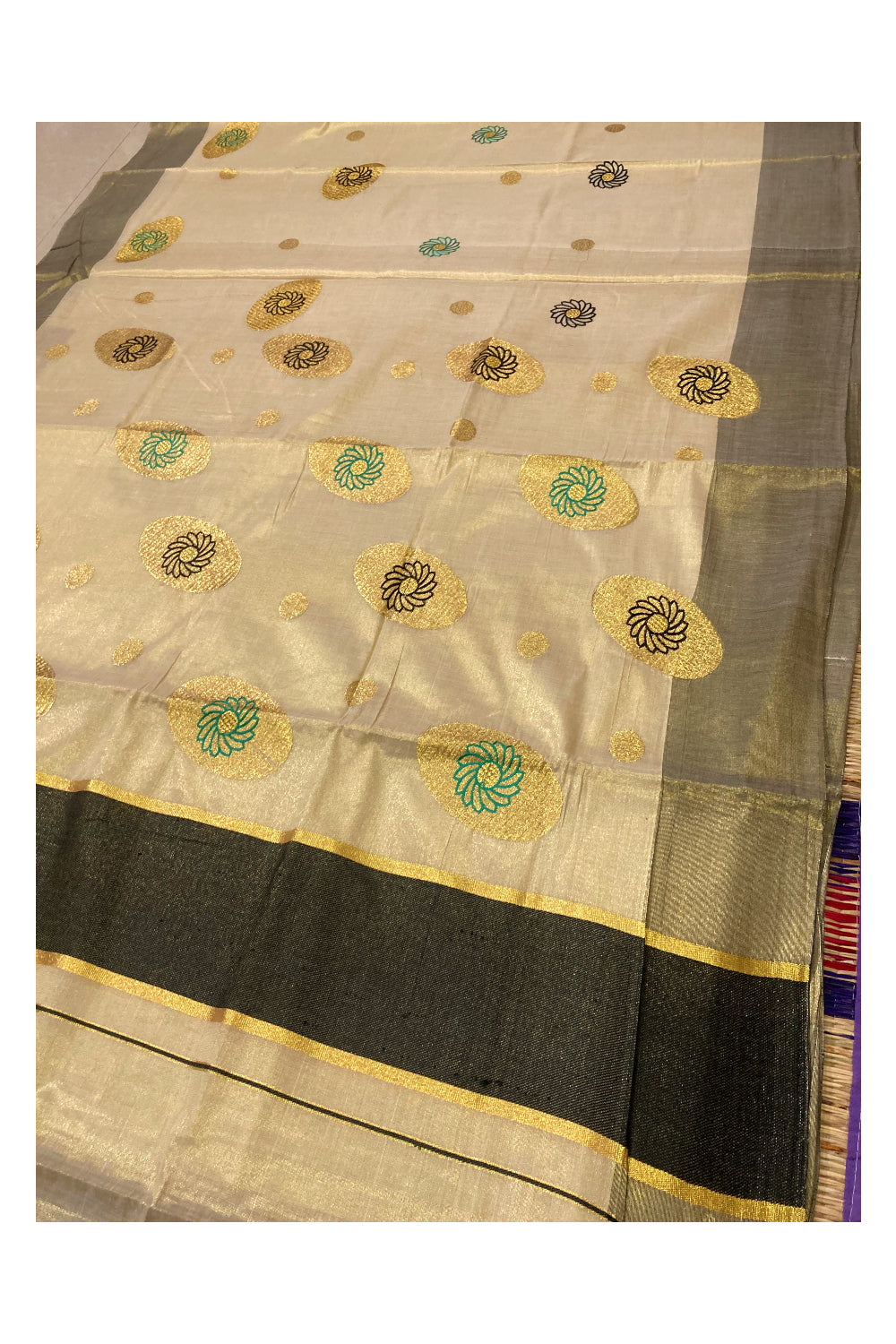 Kerala Tissue Kasavu Saree with Embroidery Works and Black Border