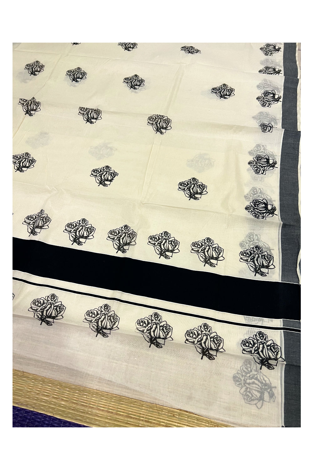 Pure Cotton Kerala Saree with Black Floral Block Prints on Border