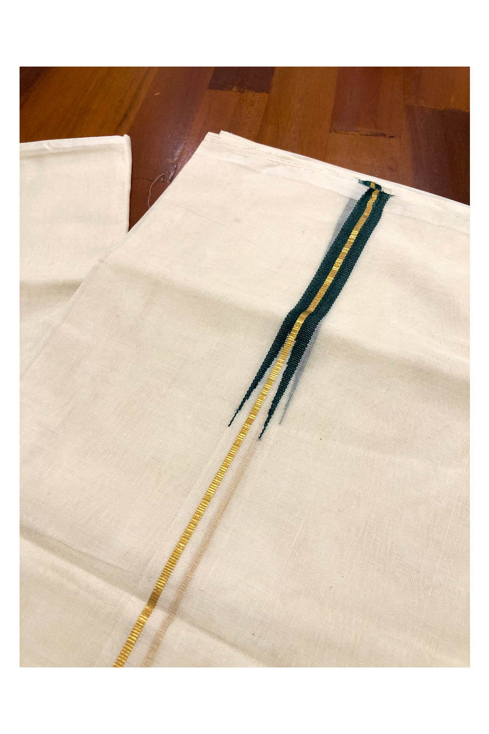 Southloom Premium Handloom Kasavu Double Mundu with Green Chutti (South Indian Dhoti)