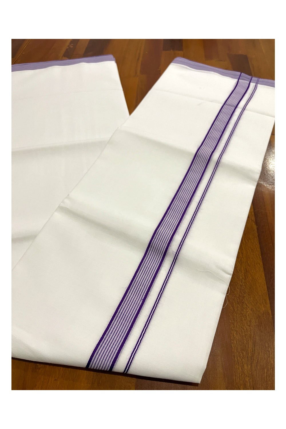 Pure White Cotton Double Mundu with Violet Lines Border (South Indian Dhoti)