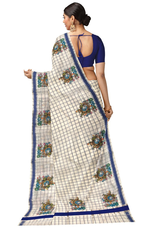 Pure Cotton Blue Check Design Kerala Saree with Krishna Mural Prints and Silver Border
