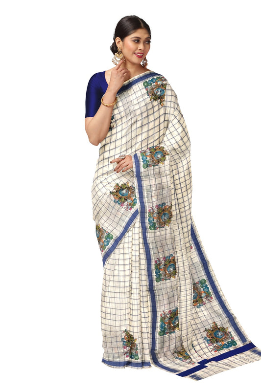 Pure Cotton Blue Check Design Kerala Saree with Krishna Mural Prints and Silver Border