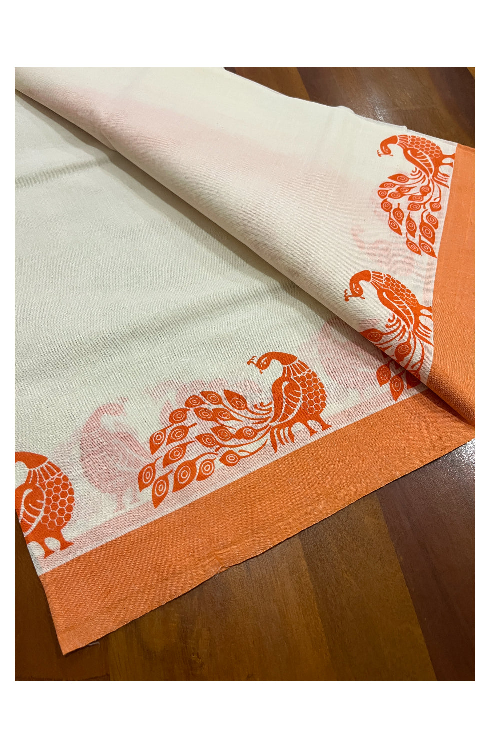 Kerala Cotton Set Mundu (Mundum Neriyathum) with Orange Block Prints Border