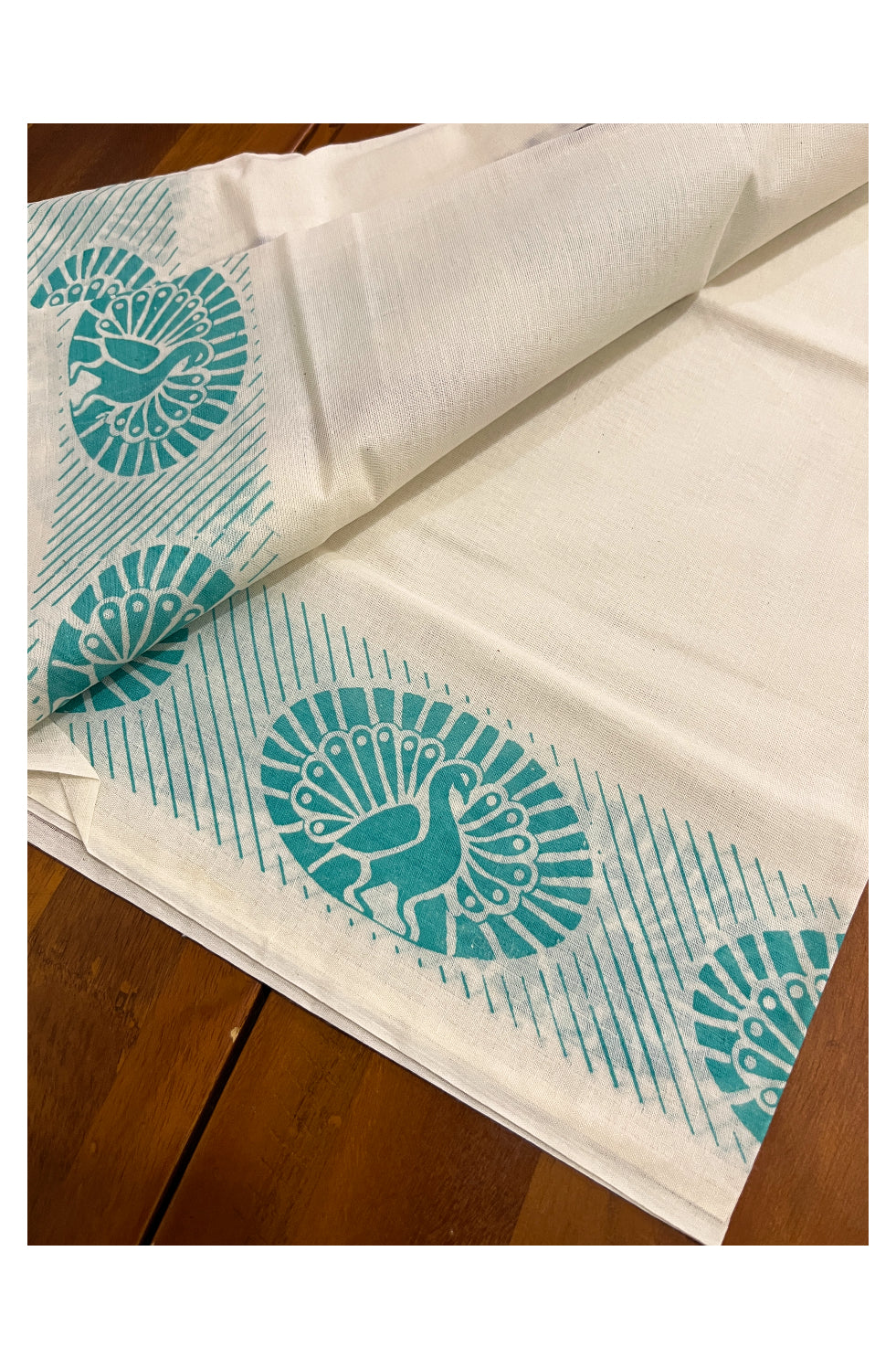 Kerala Cotton Set Mundu (Mundum Neriyathum) with Turquoise Peacock Block Prints and Blue Temple Border