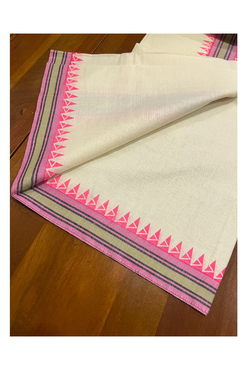 Kerala Cotton Mulloth Mundum Neriyathum Single (Set Mundu) with Pink Temple Block Prints on Green and Pink Border (Extra Soft Cotton)