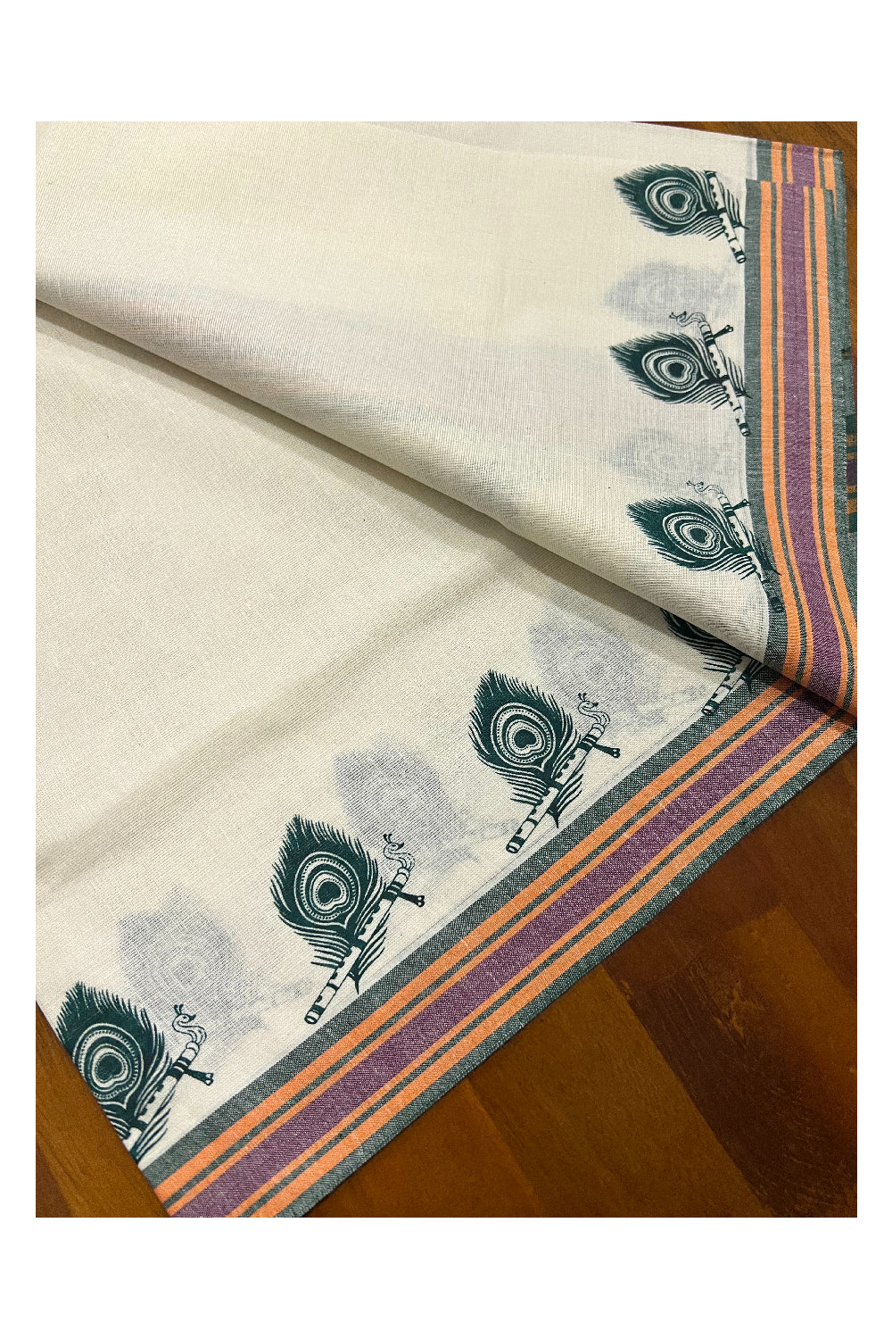 Kerala Cotton Mulloth Mundum Neriyathum Single (Set Mundu) with Dark Green Feather Block Print Border (Extra Soft Cotton)