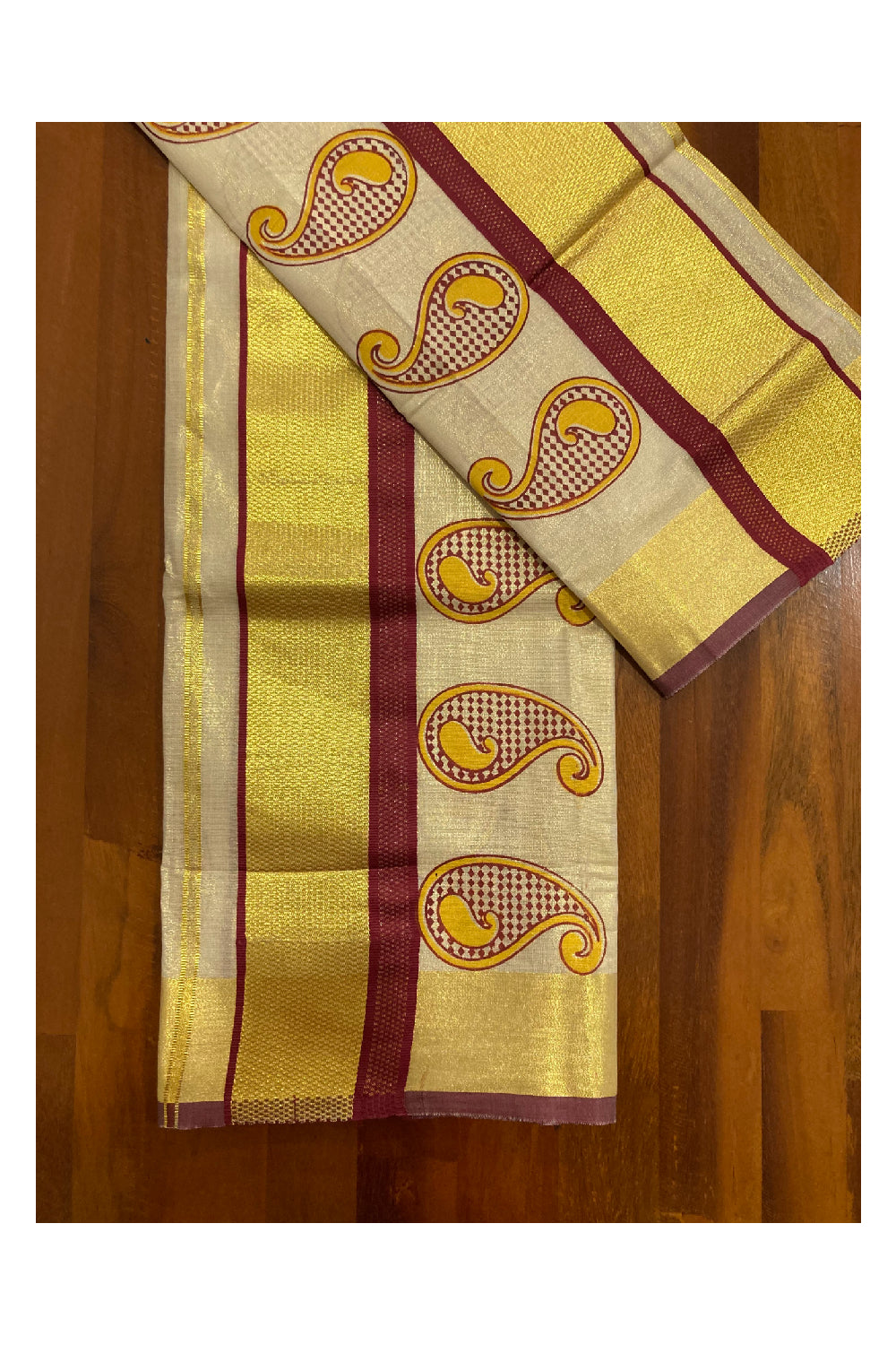 Tissue Set Mundu with Hand Block Printed Red and Yellow Peacock Design