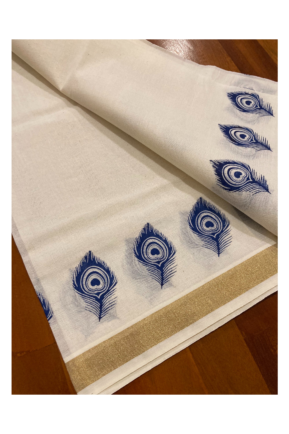 Kerala Cotton Kasavu Set Mundu (Mundum Neriyathum) with Blue Feather and Temple Block Prints on Border