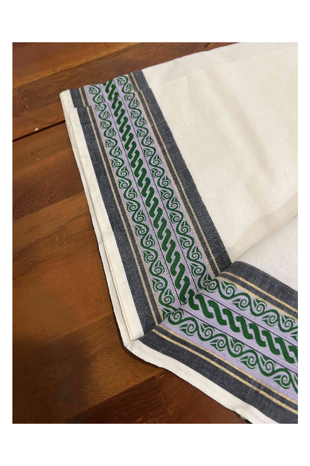 Kerala Cotton Set Mundu (Mundum Neriyathum) with Kasavu Black and Green Block Print Border