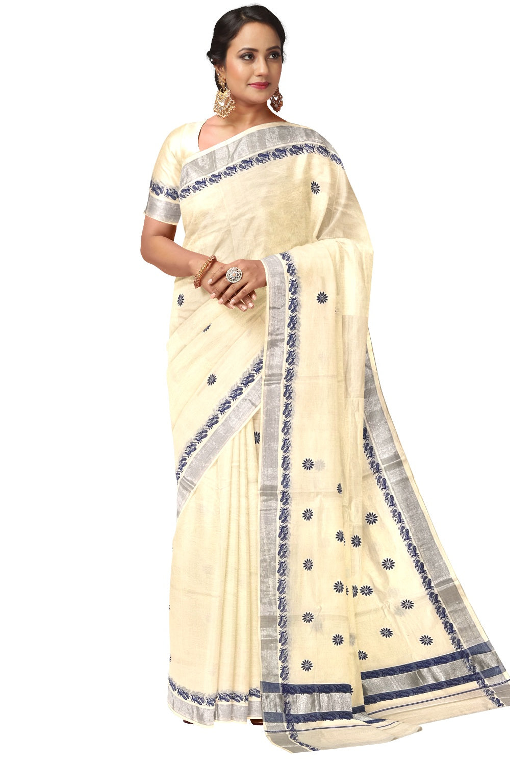 Pure Cotton Kerala Saree with Blue Block Printed Floral Design and Silver Kasavu Border