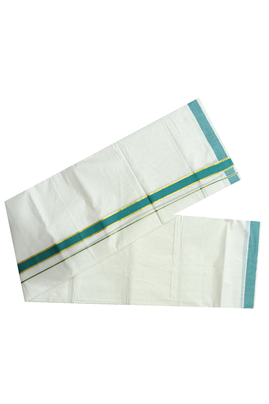 Off White Kerala Double Mundu with Kasavu and Green Kara (South Indian Dhoti)