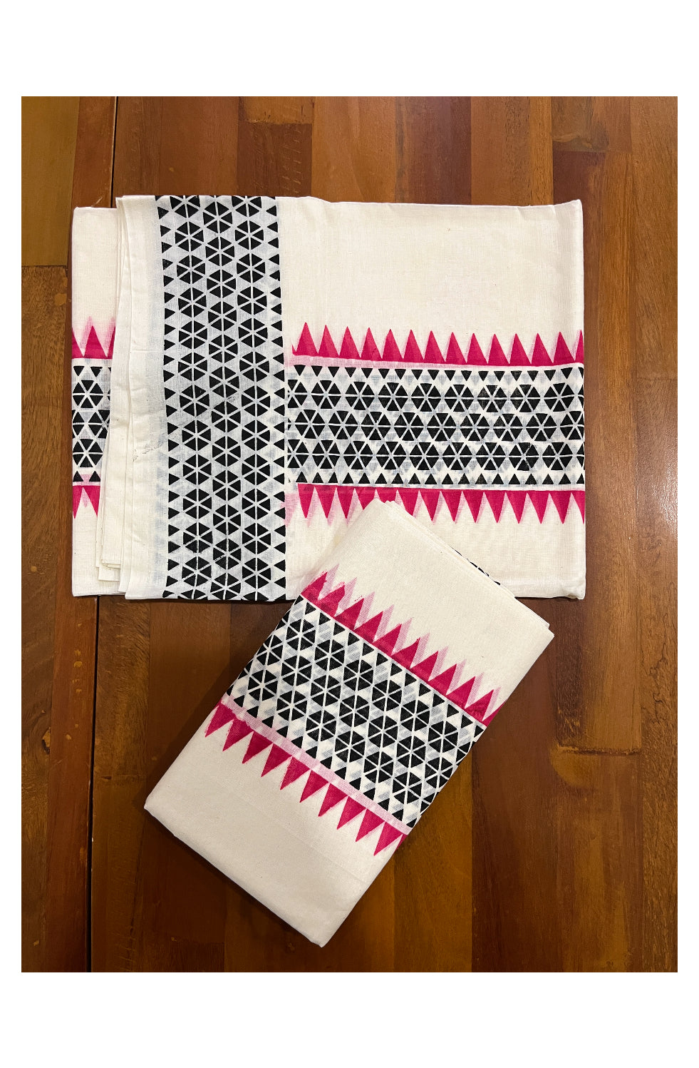 Kerala Cotton Set Mundu (Mundum Neriyathum) with Black Block Prints and Red Temple Border