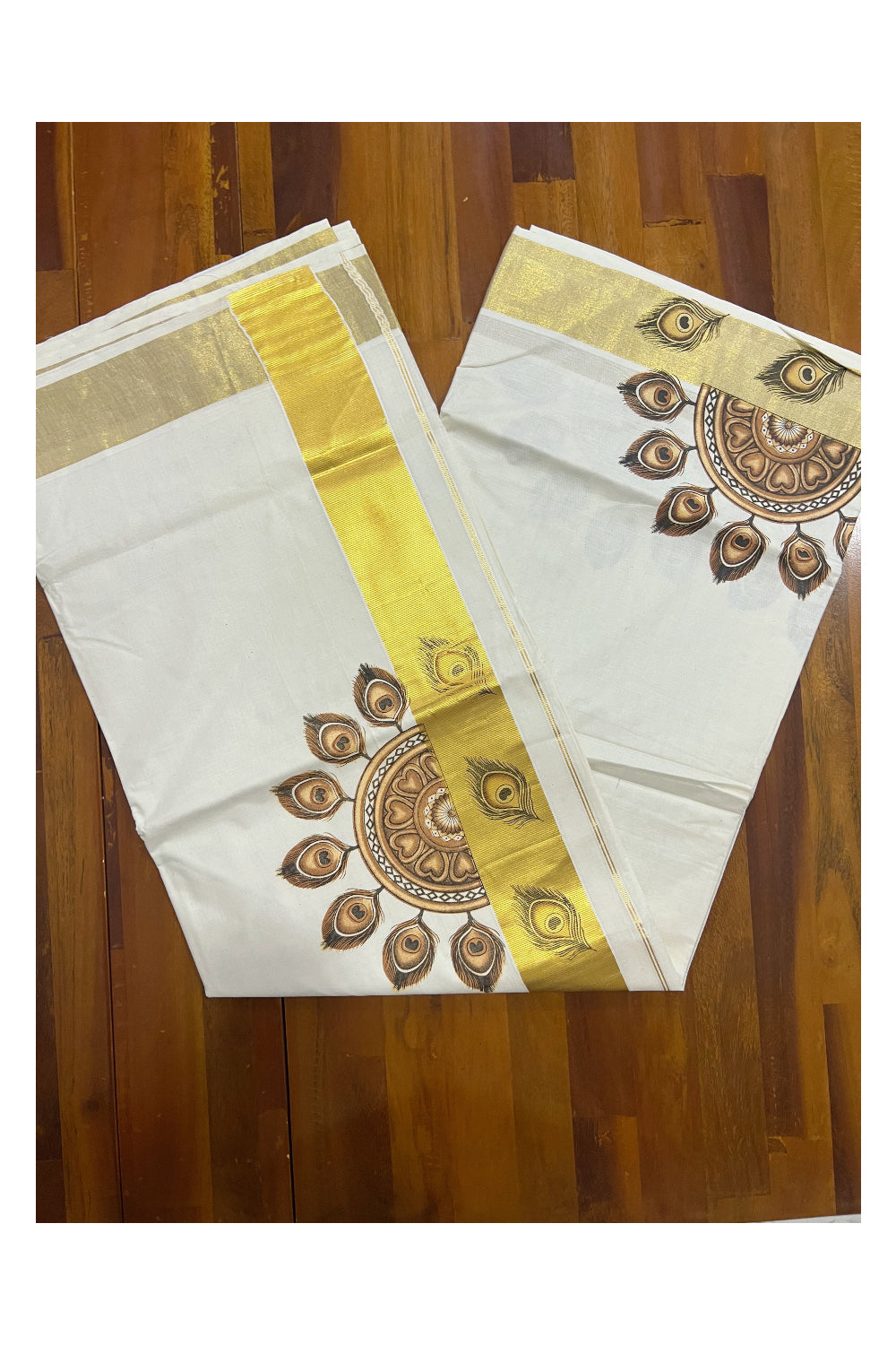 Pure Cotton Kerala Kasavu Saree with Mural Printed Brown Feather Semi Circle Design