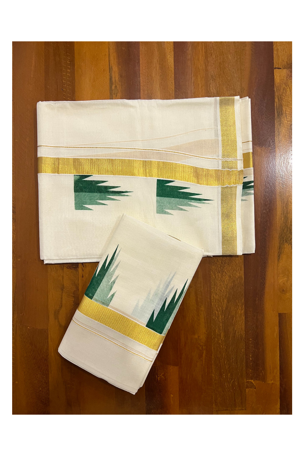 Kerala Cotton Kasavu Set Mundu (Mundum Neriyathum) with Green Temple Block Prints