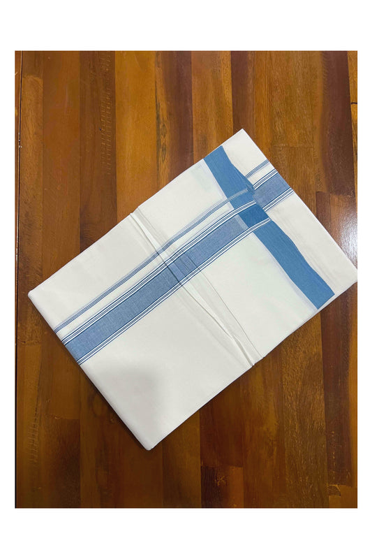 Pure White Cotton Mundu with Light Blue Line Kara (South Indian Dhoti)