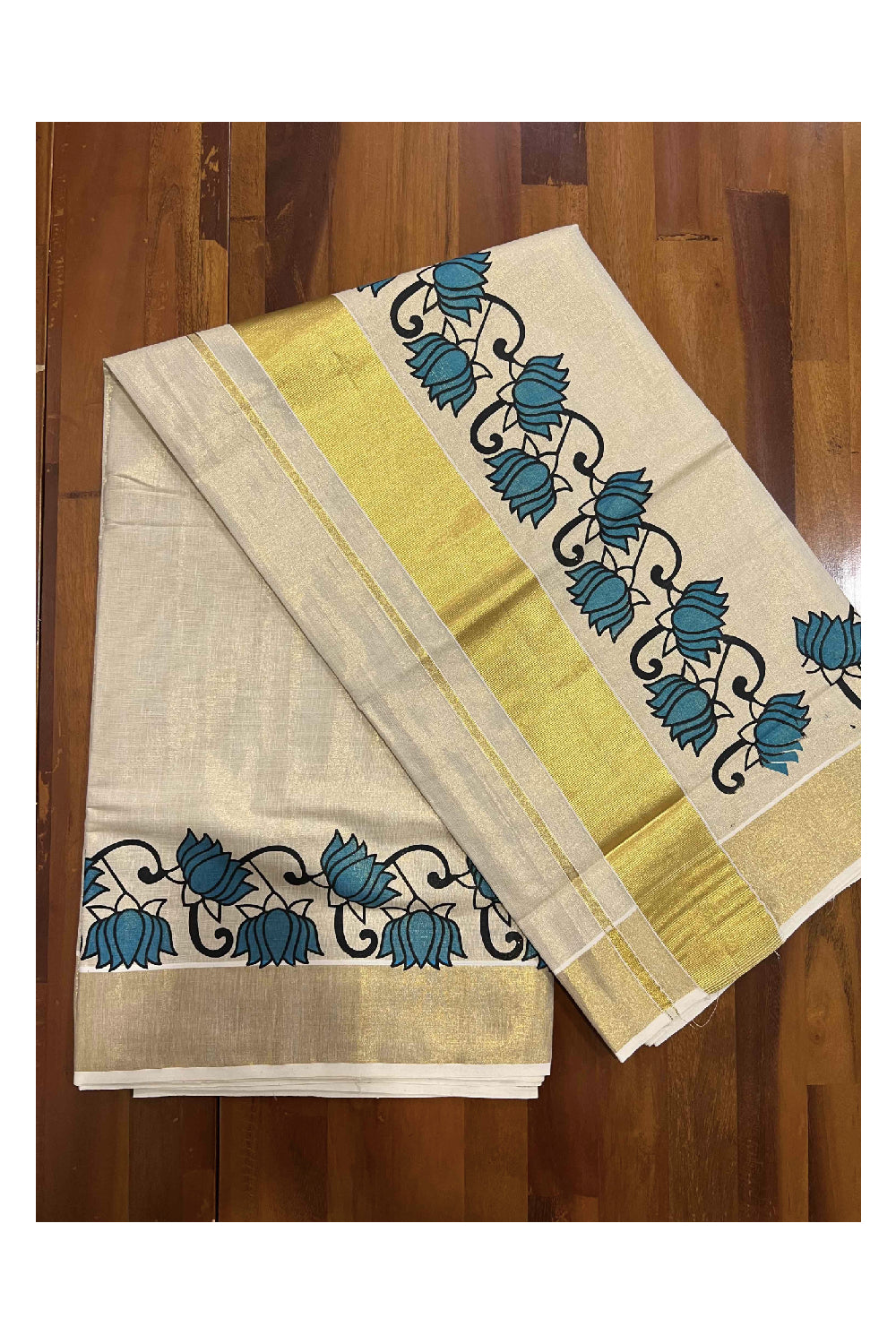 Kerala Tissue Kasavu Saree With Mural Blue Floral Design on Pallu and Border