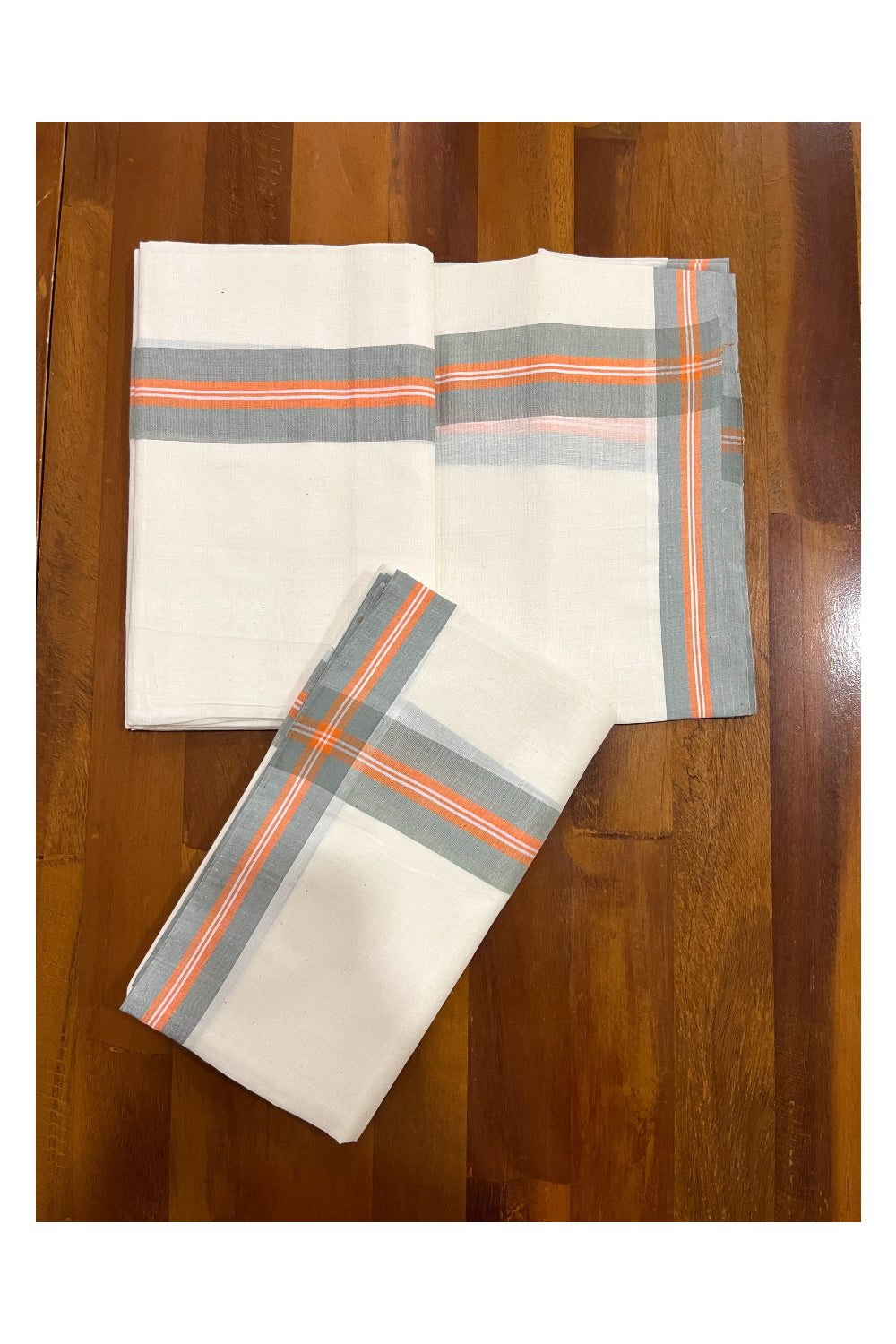 Kerala Cotton Mulloth Mundum Neriyathum Single (Set Mundu) with Grey and Orange Border (Extra Soft Cotton)