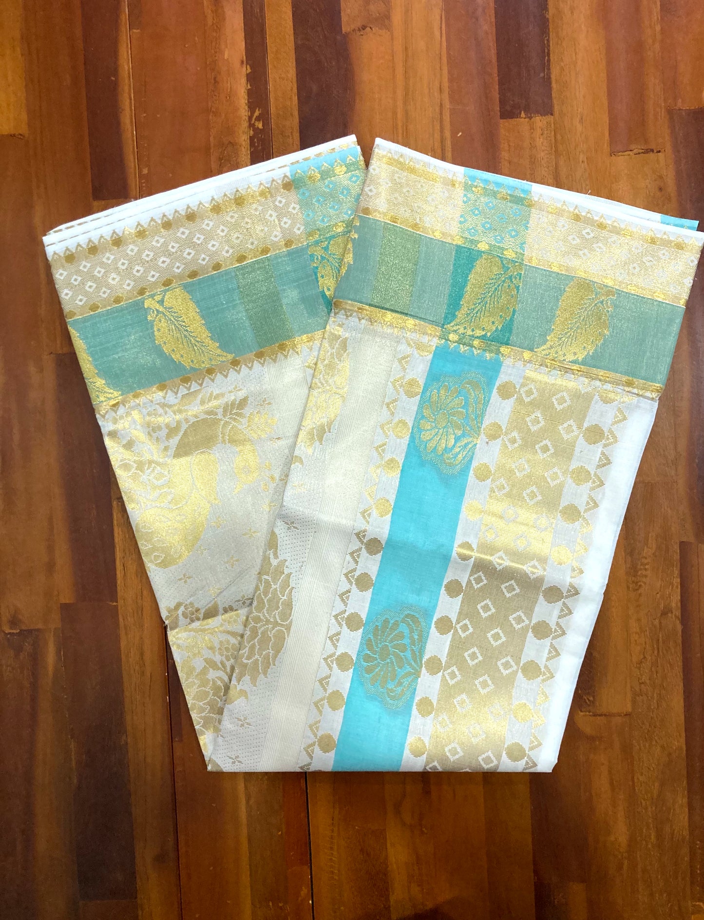 Pure Cotton Kerala Saree with Kasavu and Turquoise Floral Heavy Woven Works