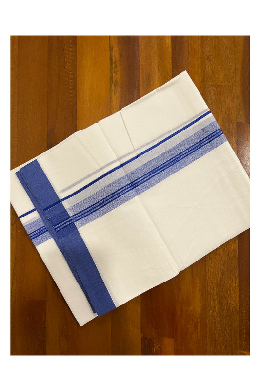 Pure White Kerala Cotton Double Mundu with Blue Border (South Indian Dhoti)