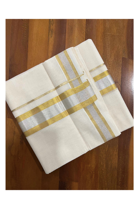 Southloom Balaramapuram Handloom Pure Cotton Wedding Mundu with Silver and Golden Kasavu Kara (South Indian Dhoti)