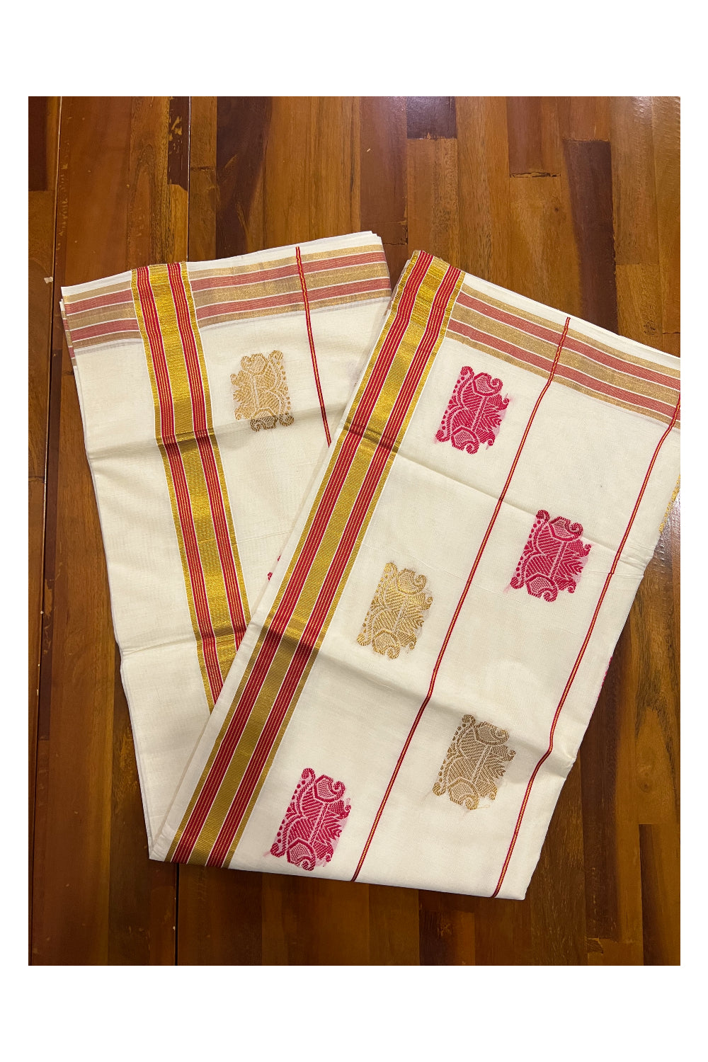 Southloom Pure Cotton Kerala Saree with Kasavu and Red Heavy Works