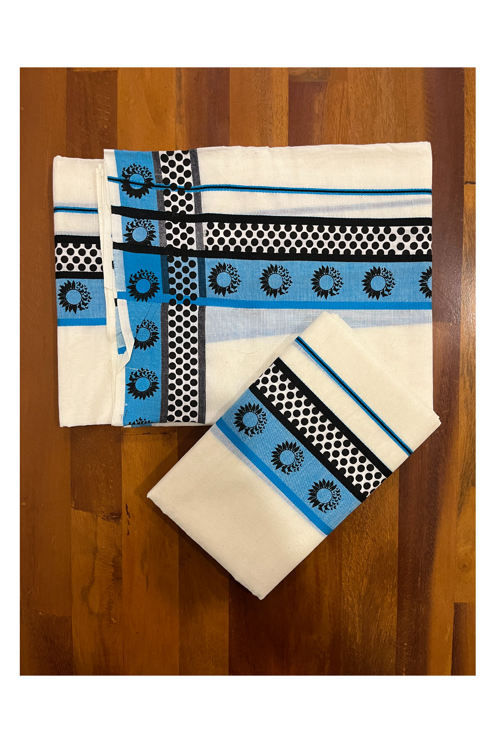 Kerala Cotton Single Set Mundu (Mundum Neriyathum) with Blue Black Block Prints on Border