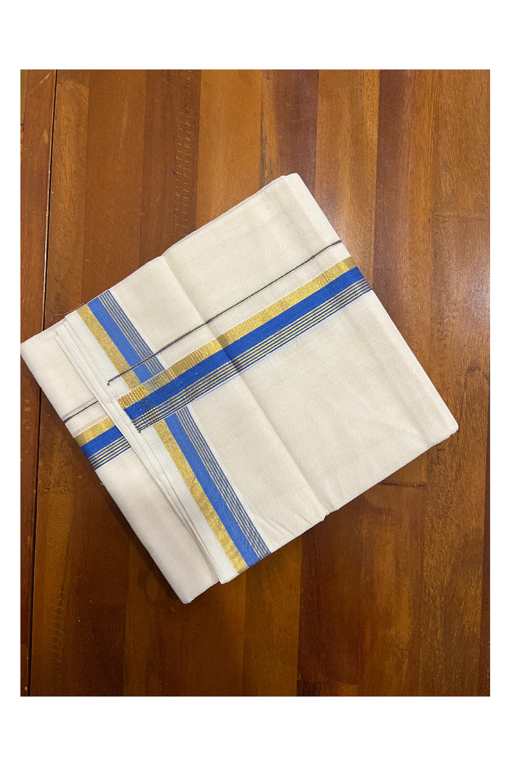 Southloom Balaramapuram Handloom Pure Cotton Mundu with Blue and Kasavu Border (South Indian Dhoti)